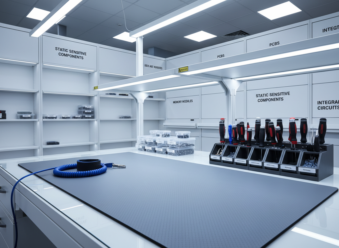 A meticulously organized static control workstation featuring a sleek antistatic wrist strap resting atop a glass-topped table, surrounded by static dissipative mats and neatly arranged conductive tool holders. The backdrop includes modular white wall panels with clearly labeled storage for static-sensitive components. The lighting is bright and cool from recessed LEDs, producing subtle highlights on glossy surfaces and faint shadows for depth. The mood is one of meticulous precision and corporate assurance. Photographed from an eye-level perspective with rule-of-thirds composition, the image blends photographic realism with a structured, clean-lined layout, embodying the site’s commitment to technical excellence.